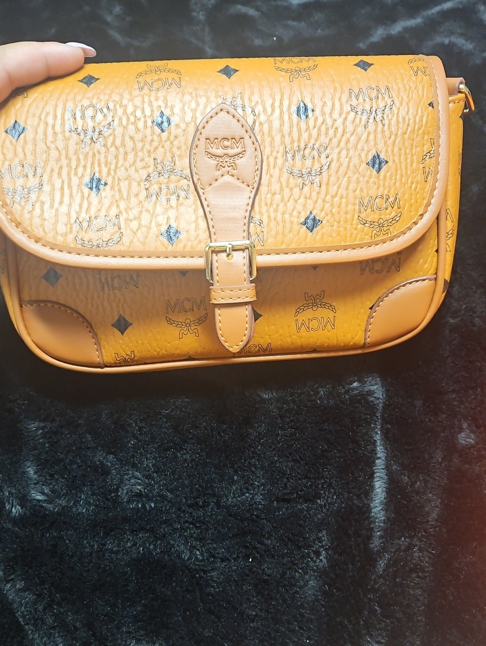 Cognac Logo Print Crossbody in Tan & Black